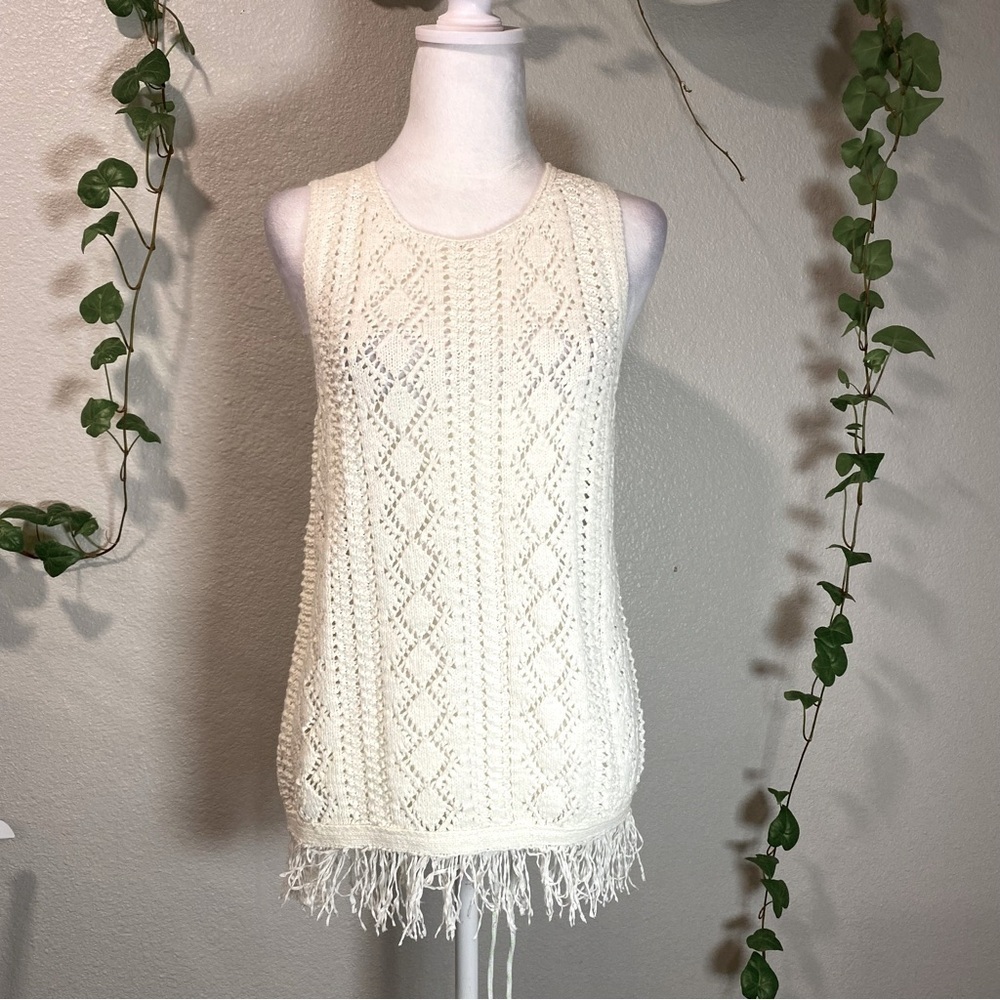Vince Camuto Cream Crochet Fringe Tank Top, Women Sleeveless size XS Top